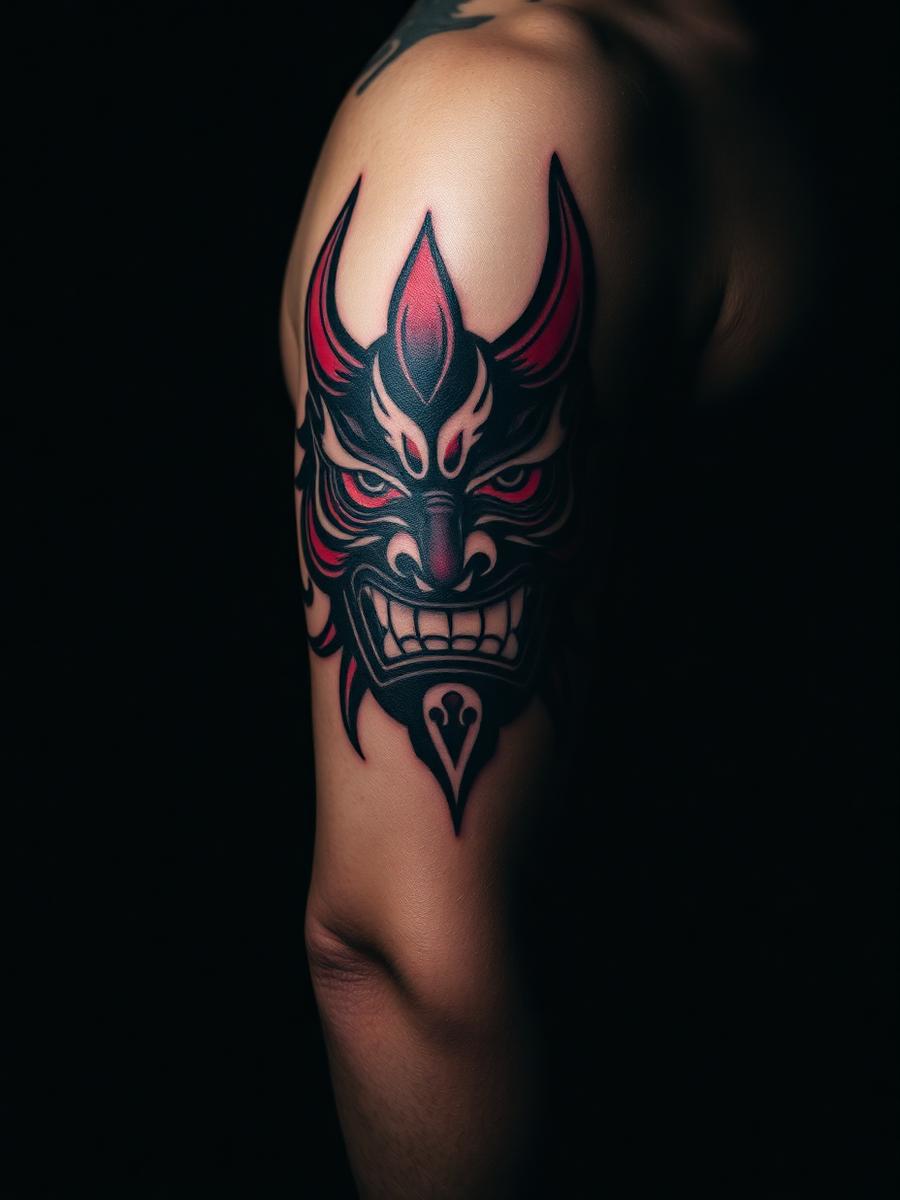 Máscara oni en estilo japonés con acentos rojos