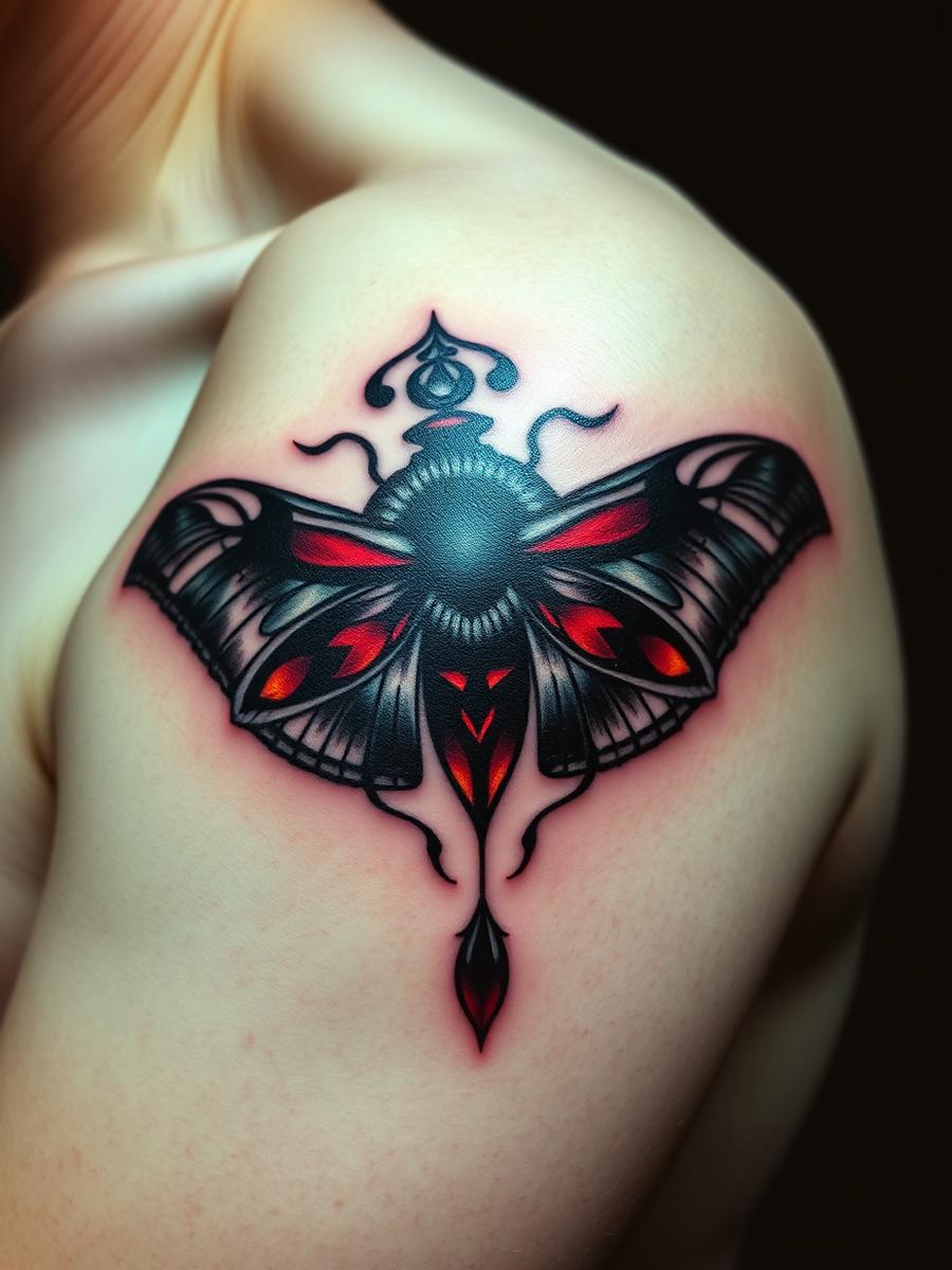 Polilla con acentos rojos sobre black and grey en el hombro