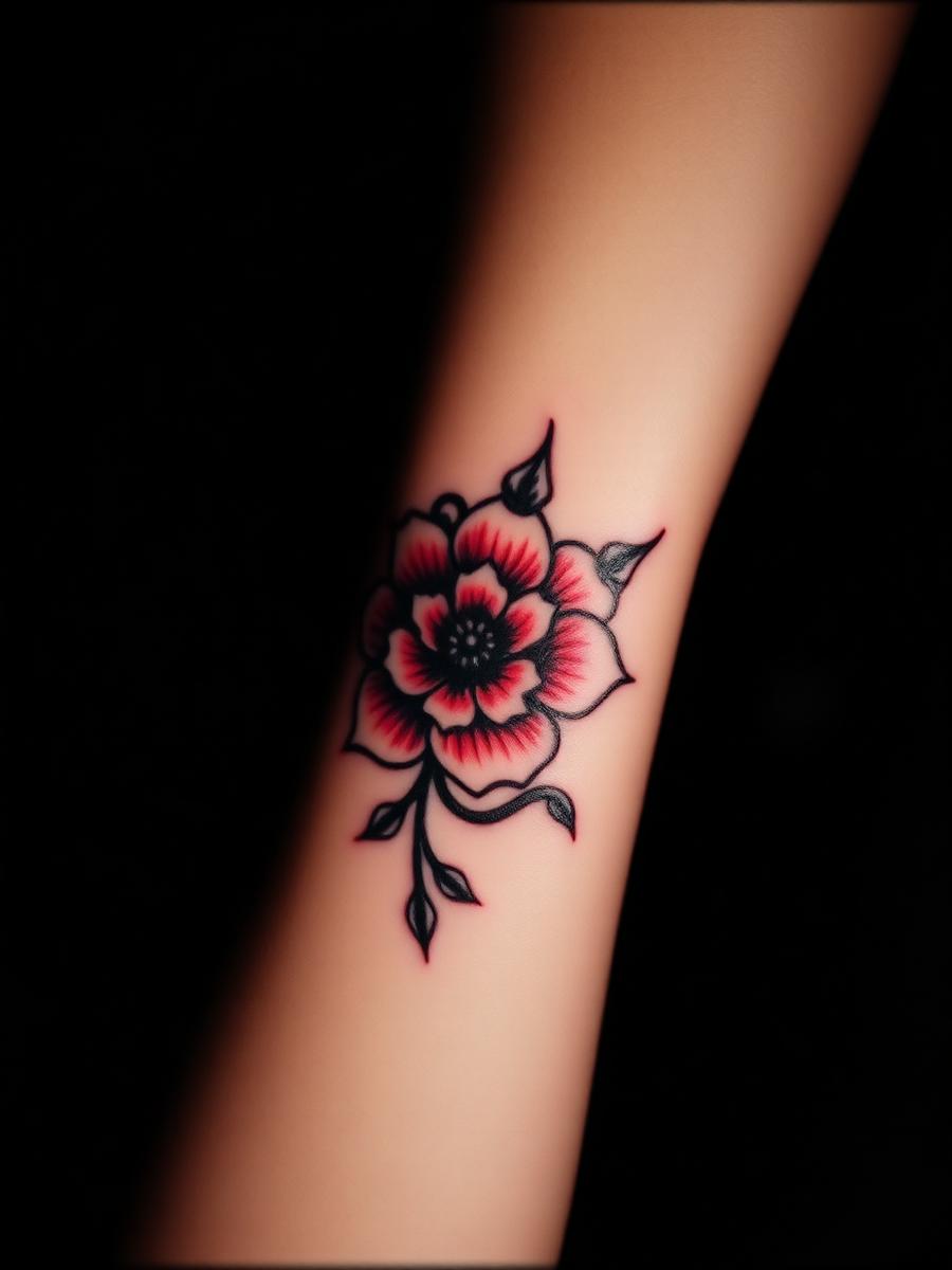 Flor en negro con sombras rojas en la muñeca